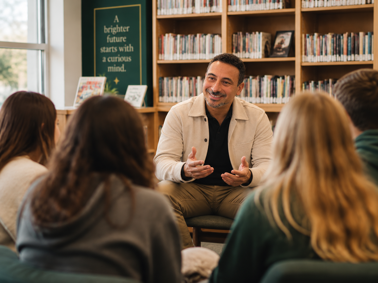 Dr. Rod in conversation with a small group in a school library